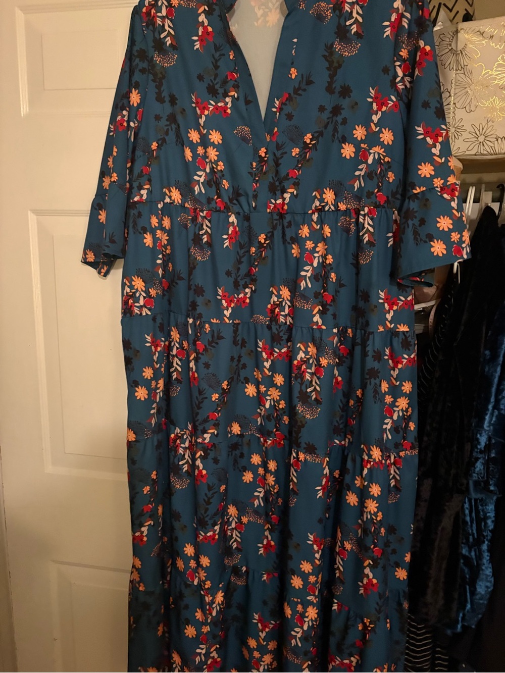 SHEIN Teal Floral Maxi Dress with Red and Yellow Accents